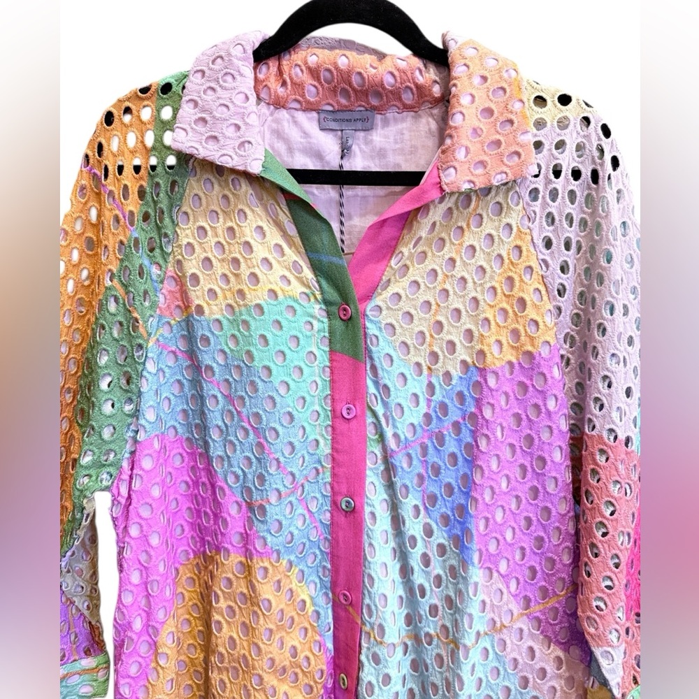 Conditions Apply by Anthropologie 100% Cotton Eyelet Multicolor Shirtdress sz L - Picture 2 of 16